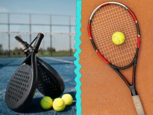 Een padelracket en een tennisracket die lijnrecht tegenover elkaar staan. Dit symboliseert de verschillen tussen padel en tennis